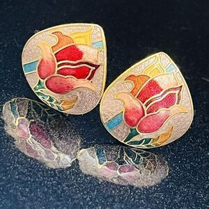 Vintage Cloisonne Enamel Tulip Flower Floral Colorful Gold Earrings Spring 1451